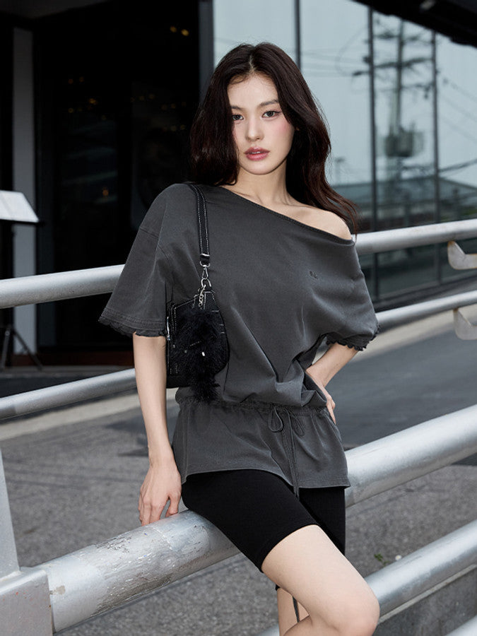 ハーフ オフショルダーウエスト ストリングTシャツ【チャコール】