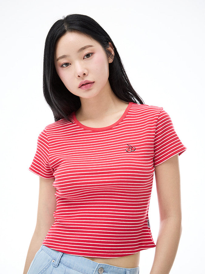 スモールチェリースリムフィットストライプ Tシャツ【レッド】