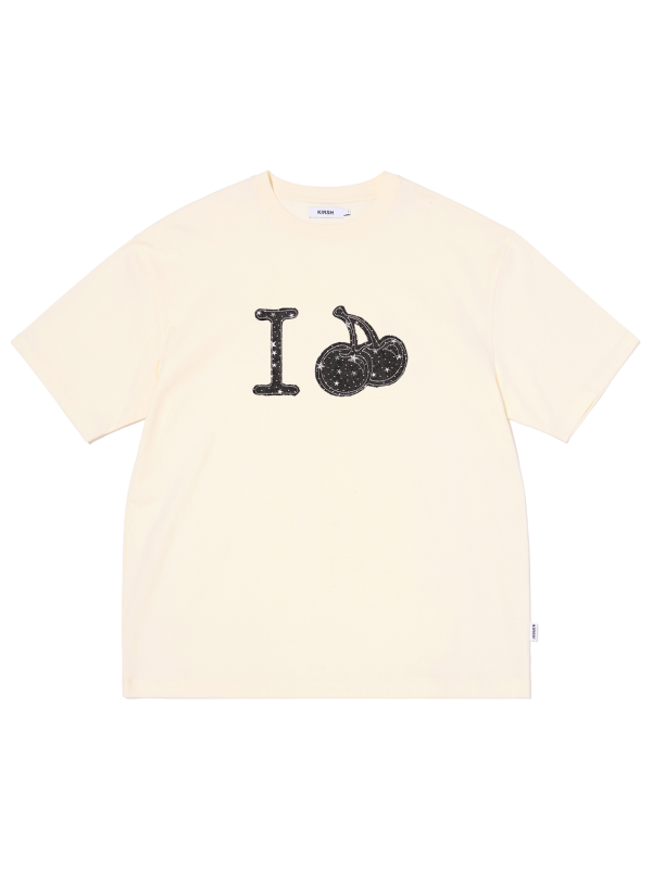 I LOVE KIRSH デニムアップリケ半袖Tシャツ【イエロー】