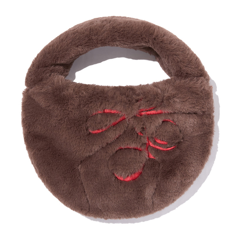 リボンエンブロイダリーヘアリーミニショルダーバッグ【ダークブラウン】