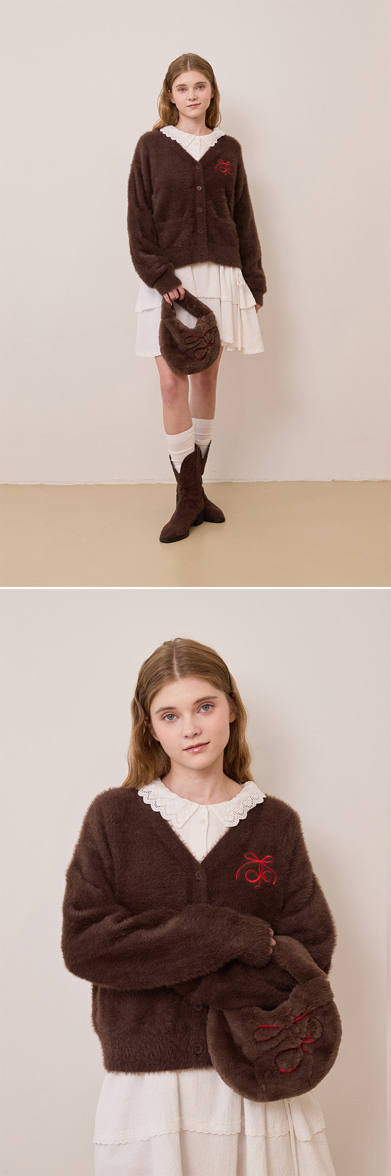 リボンエンブロイダリーヘアリーミニショルダーバッグ【アイボリー】