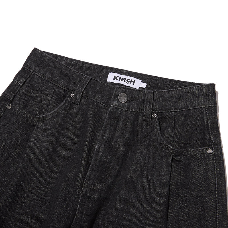 ワイドフィットピンタックナッピングデニムパンツ【ブラック】