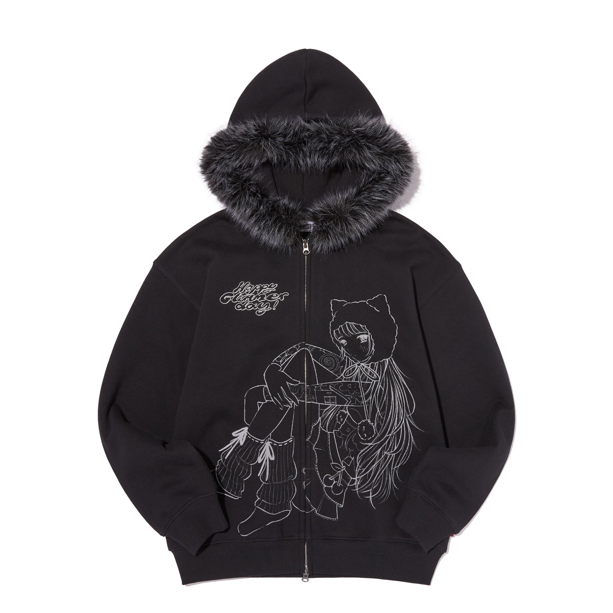 KIRSH X PYITU ファートリミング グラフィック フード付きジップアップ【ブラック】