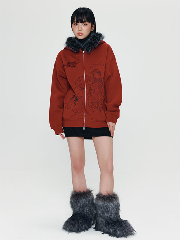 KIRSH X PYITU ファートリミング グラフィック フード付きジップアップ【レッド】