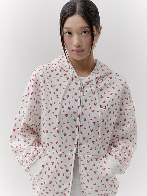 チェリーグラフィックルーズフィットジップアップフーディ【ホワイト】
