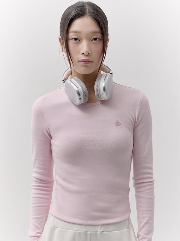 スモールチェリースリムフィットリブロングスリーブTシャツ【ピンク】