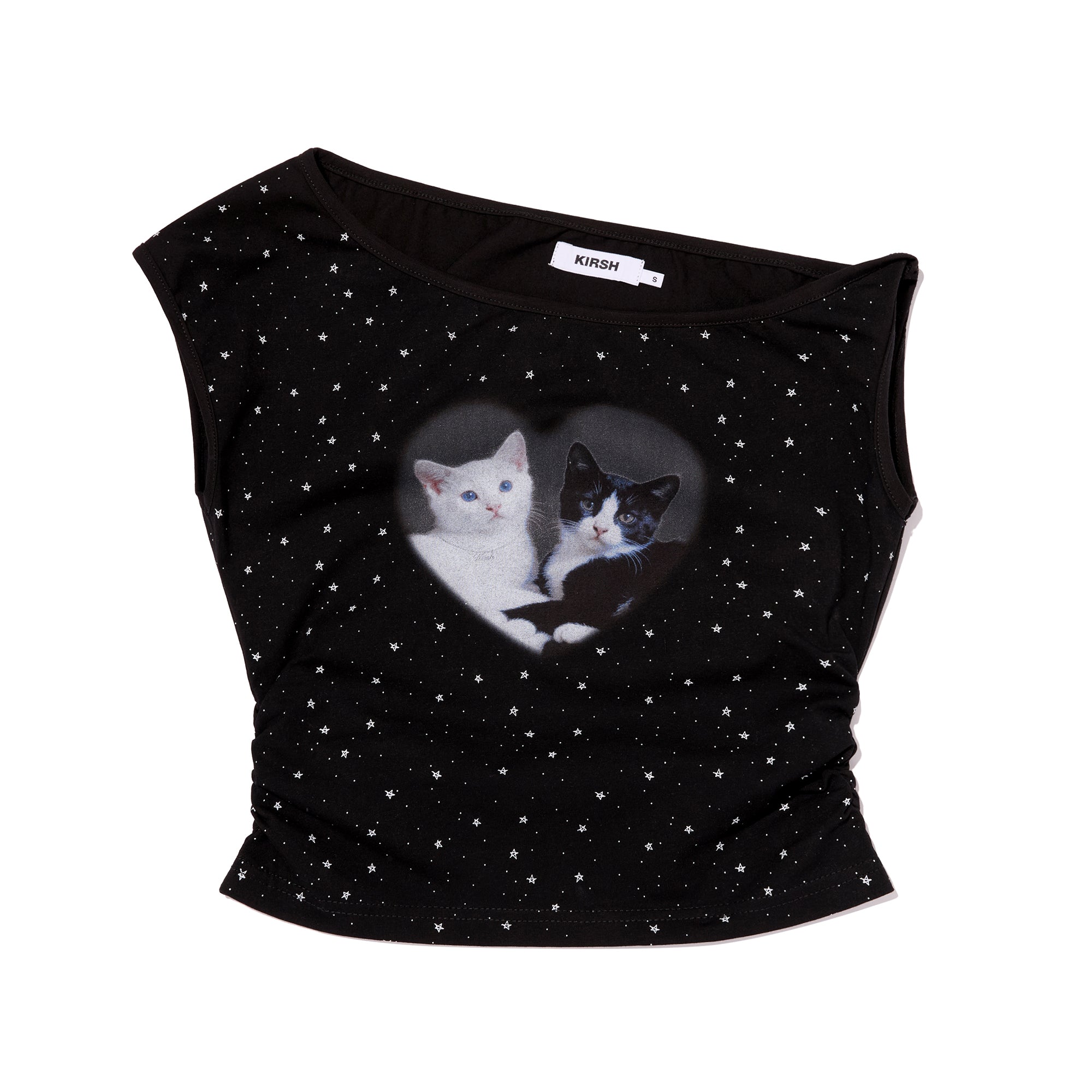 ハーフオフショルダーオールオーバープリントTシャツ【ブラック】