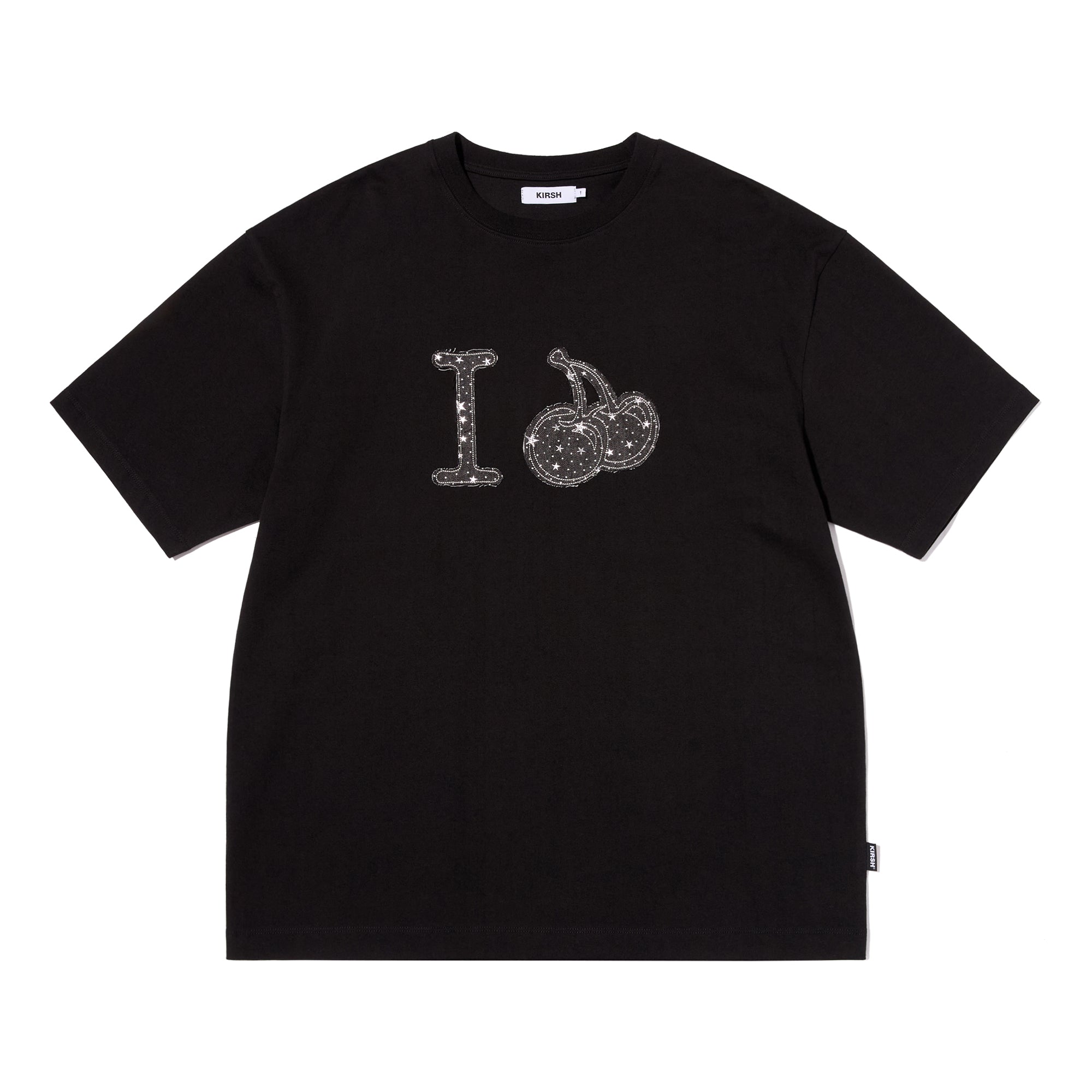I LOVE KIRSH デニムアップリケ半袖Tシャツ【ブラック】
