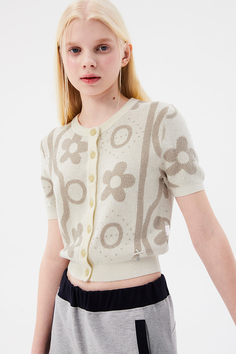 チェリージャガードパターンショートスリーブカーディガン【アイボリー】