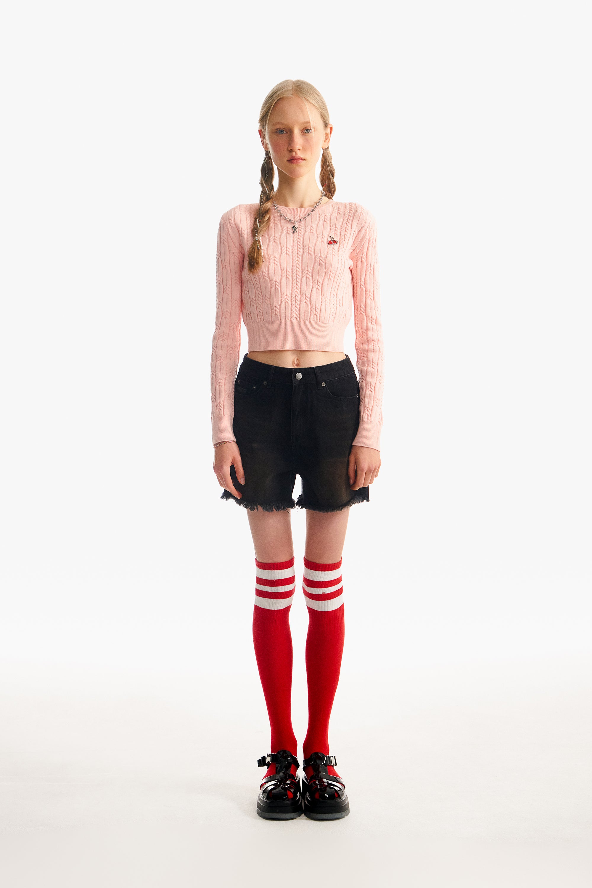 チェリーダメージデニムショートパンツ【ブラック】