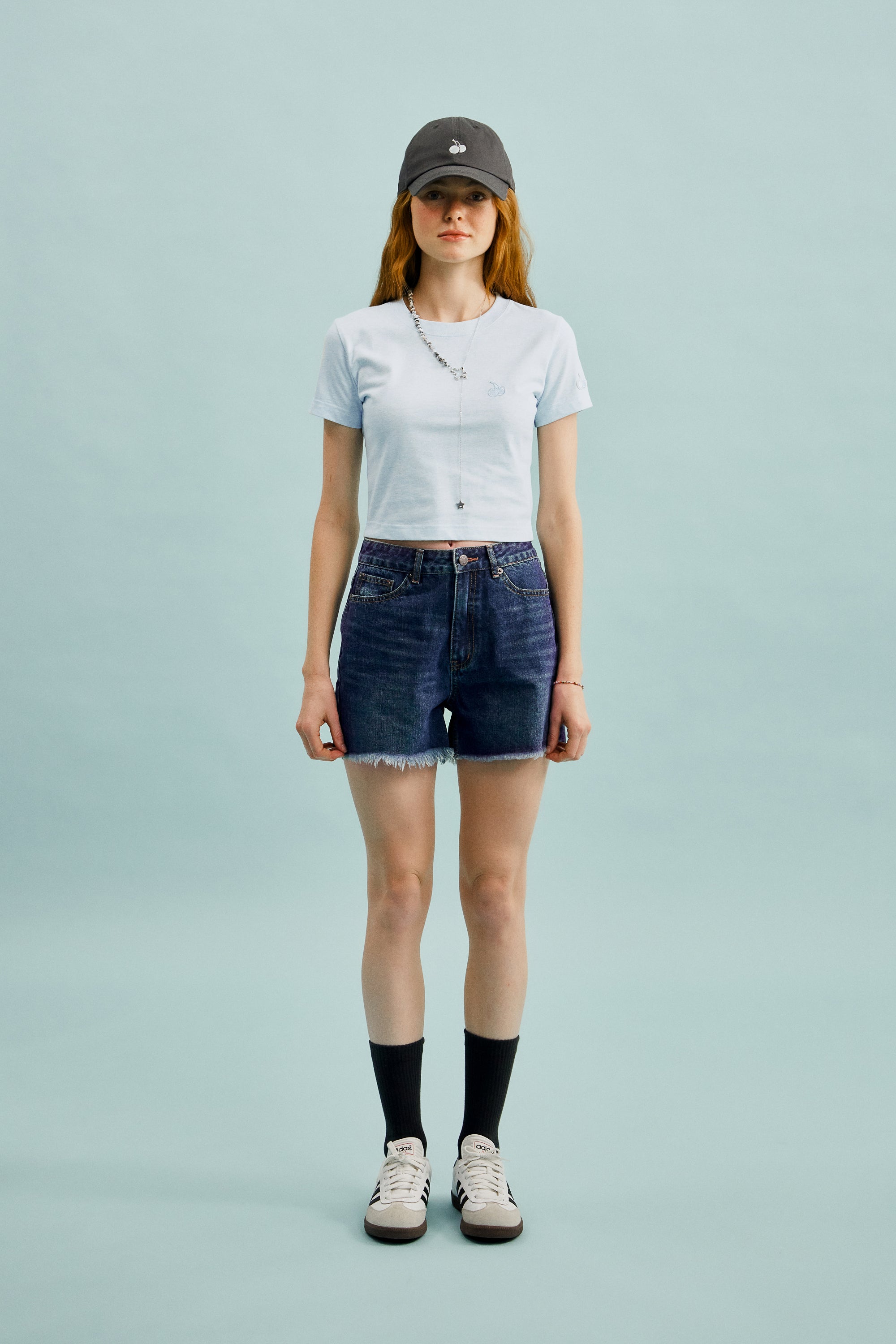 チェリーダメージデニムショートパンツ【ブルー】