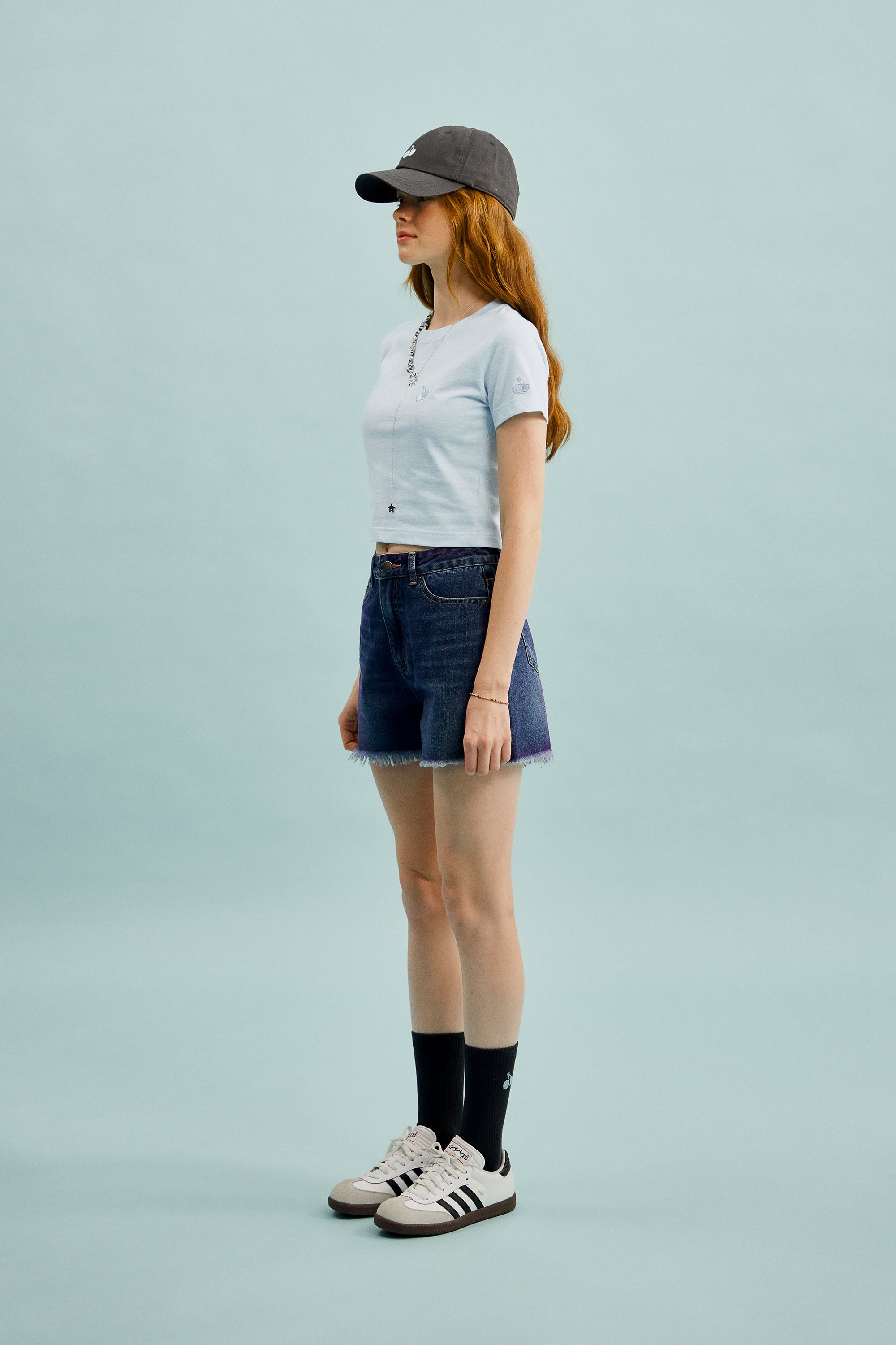 チェリーダメージデニムショートパンツ【ブルー】