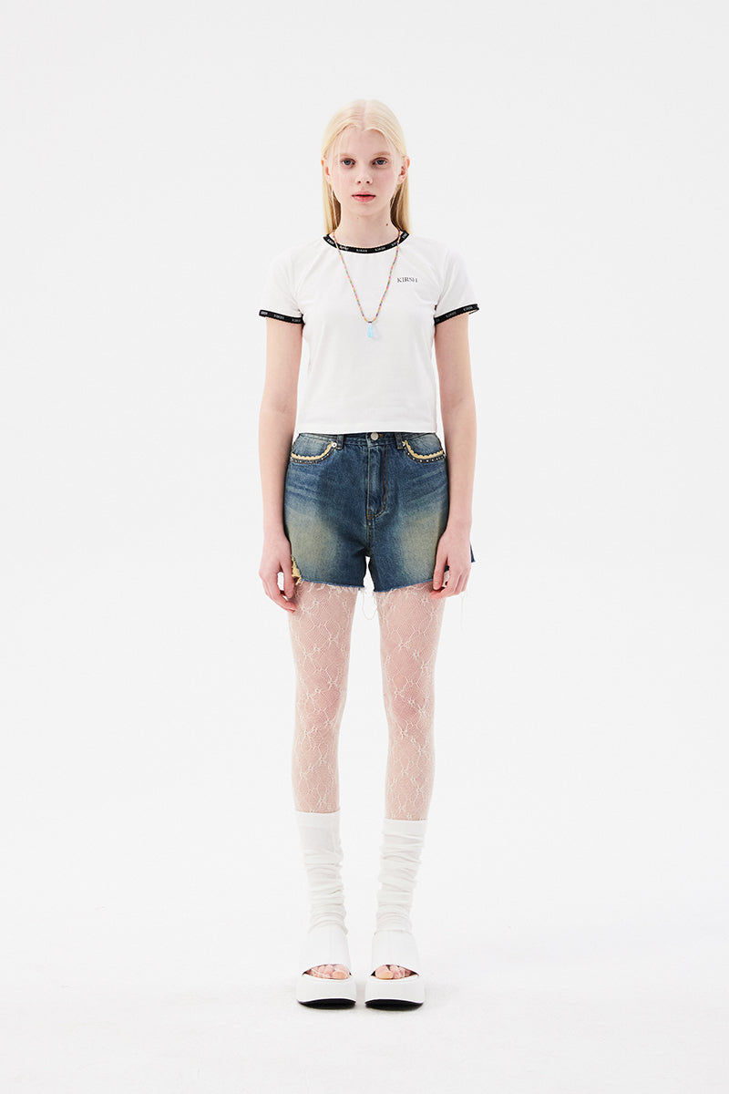 チェリーレーステープスリムTシャツ【ホワイト】