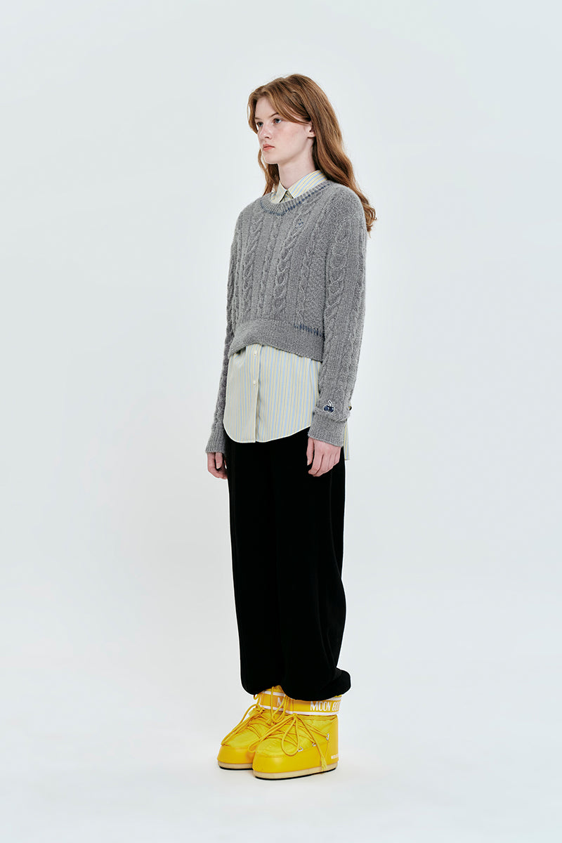 チェリーVネッククロップケーブルニット【メランジグレー】