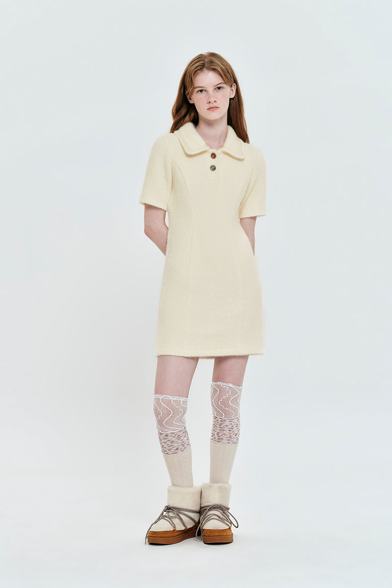 ネックポイントニットミニドレス【アイボリー】