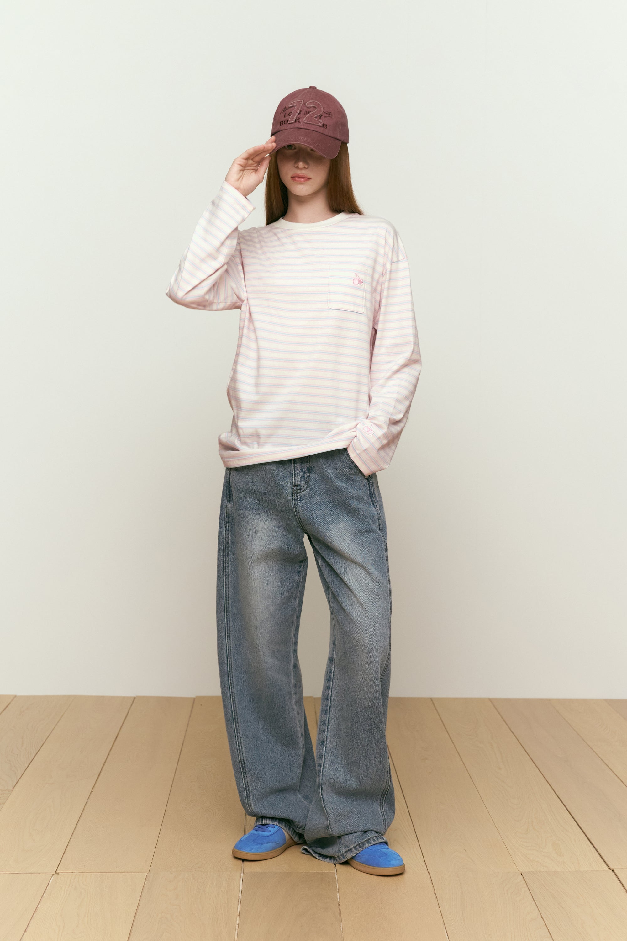 カーブラインワイドフィットデニムパンツ【ブルー】