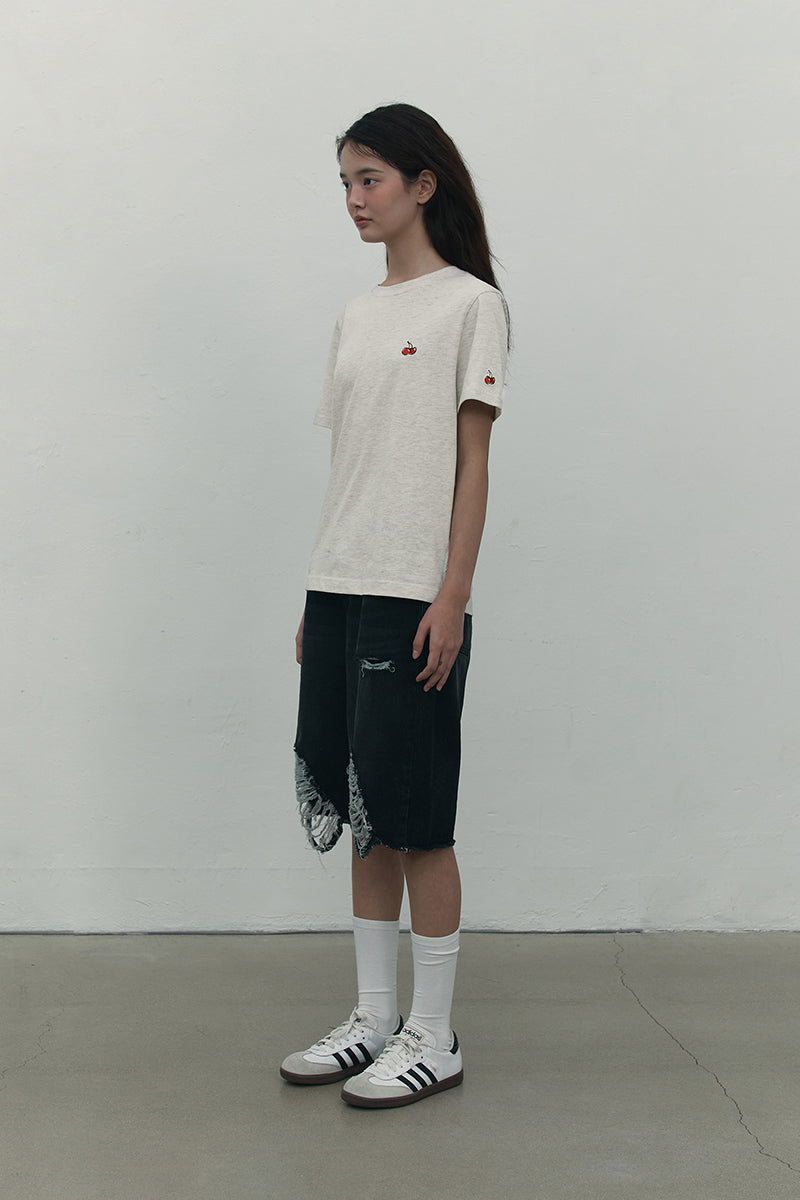 ダメージハーフデニムパンツ【ブラック】