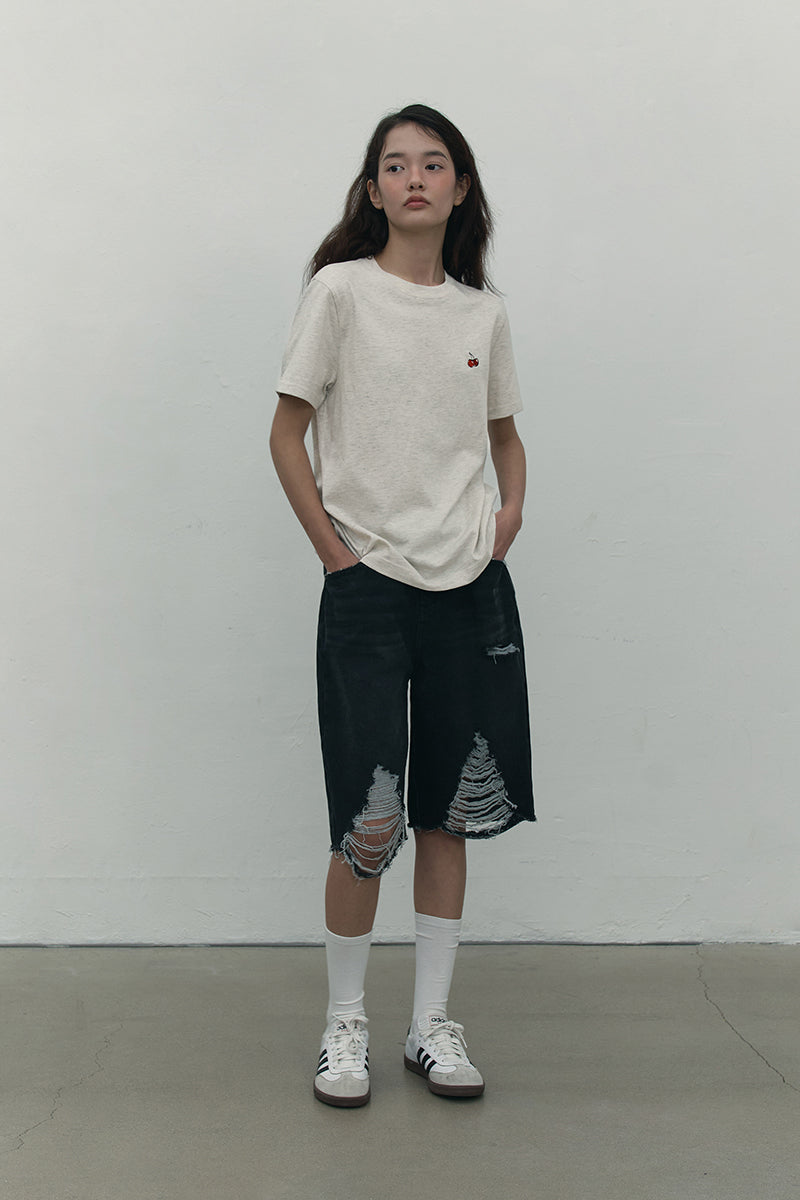 ダメージハーフデニムパンツ【ブラック】