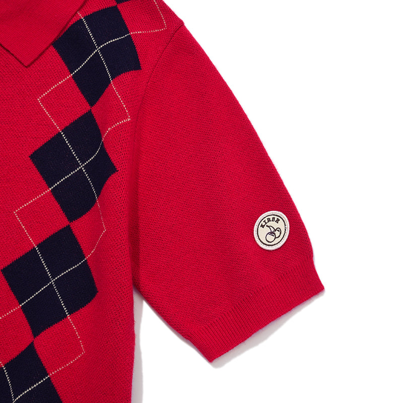 アーガイルパターンショートスリーブニット【レッド】