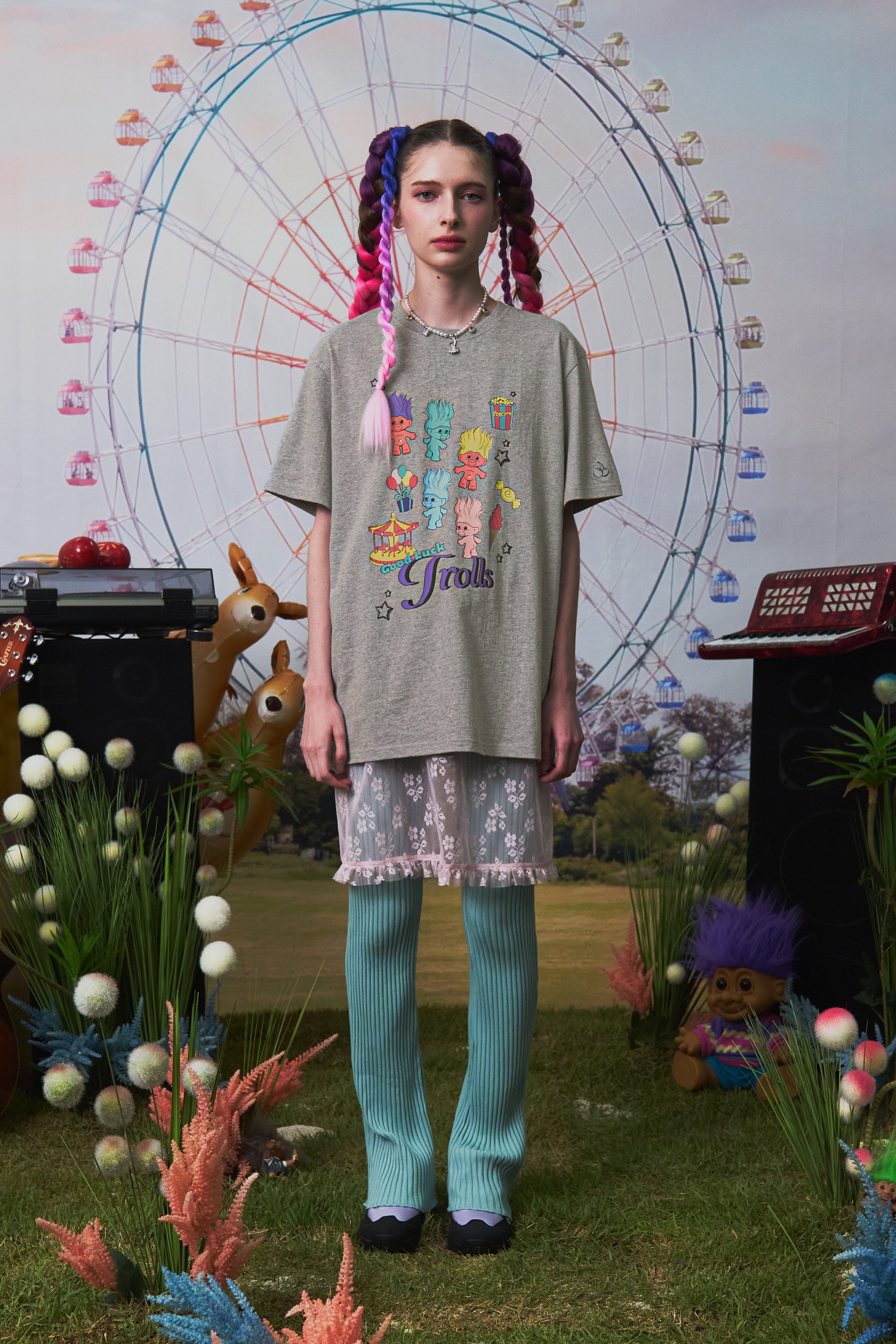 トロールグラフィックルーズフィットTシャツ【メランジグレー】