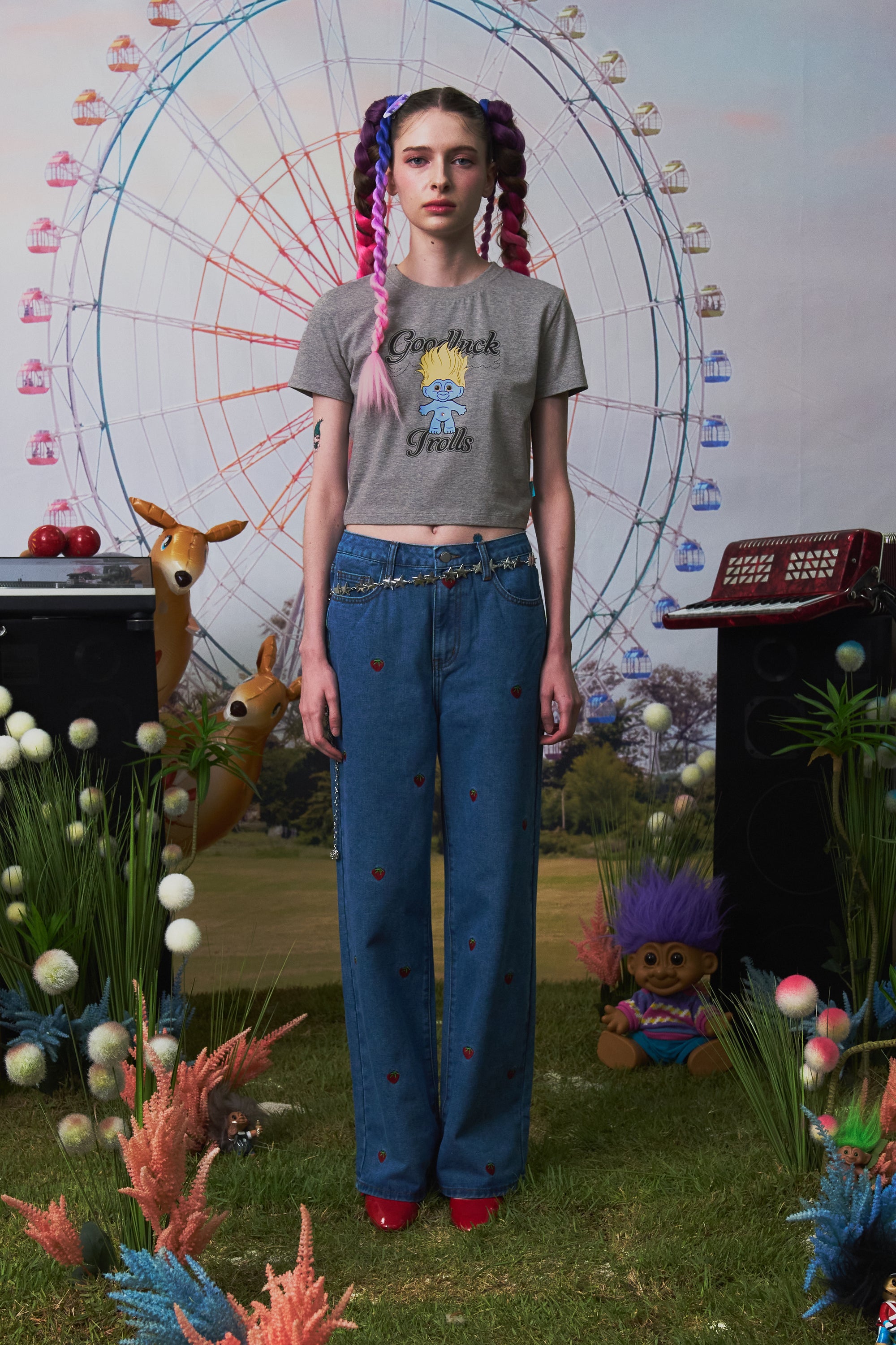 トロールグラフィッククロップTシャツ【メランジグレー】