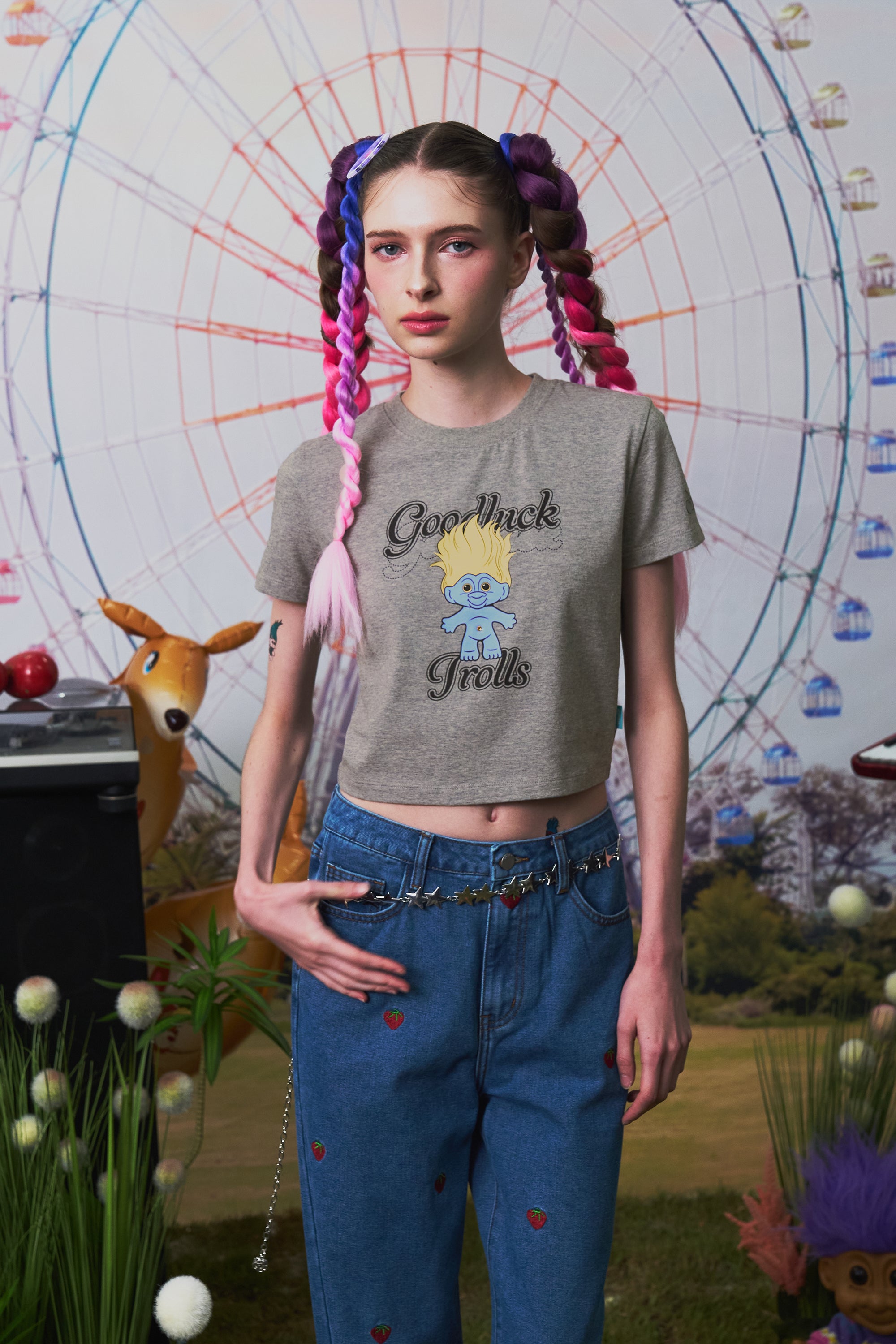 トロールグラフィッククロップTシャツ【メランジグレー】