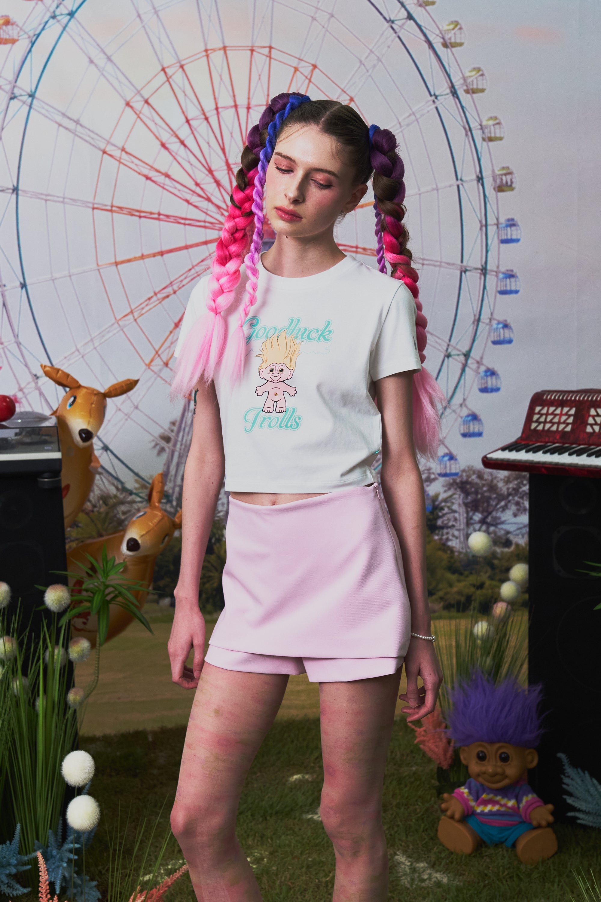 トロールグラフィッククロップTシャツ【メランジグレー】