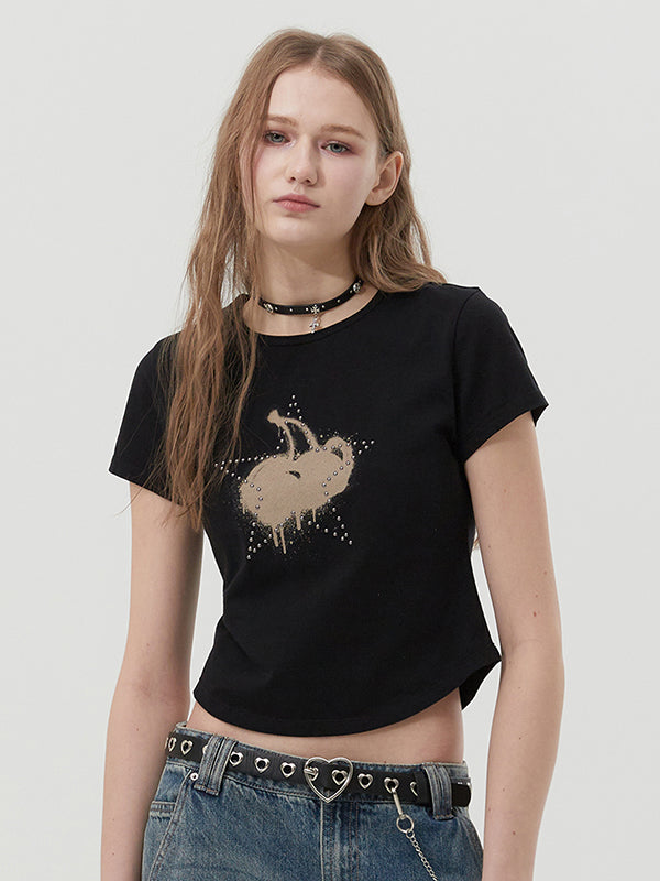 メルティングチェリープリンテッドクロップTシャツ【レッド】