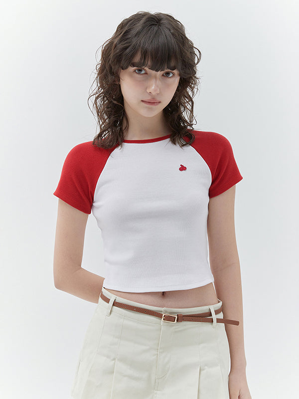 KIRSHプレーンプレーンカラーミックスラグランクロップ Tシャツ【レッド】