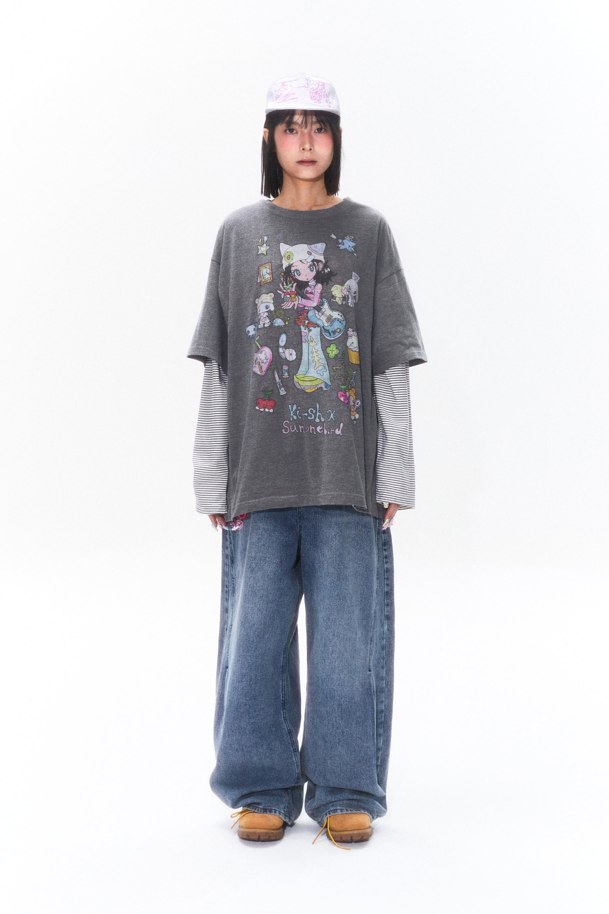 KIRSH X SUNONEBIRD ビックオーバーサイズグラフィックTシャツ【メランジグレー】