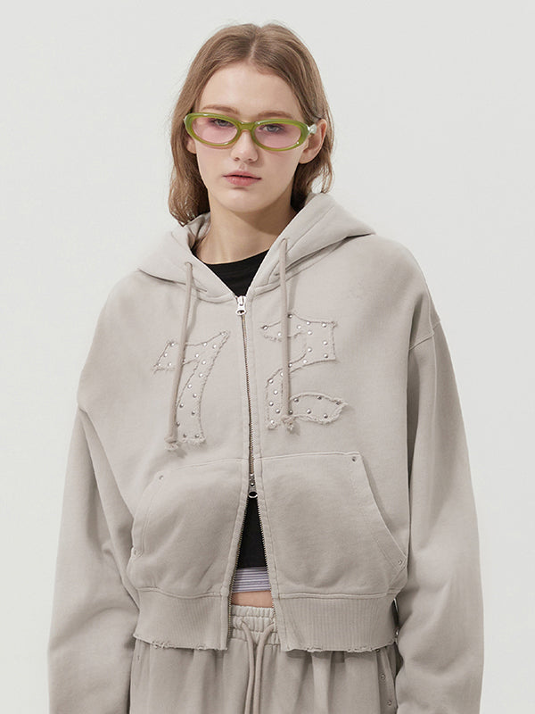 ヴィンテージウォッシングスタッドポイントクロップフーディジップアップ【オートミール】