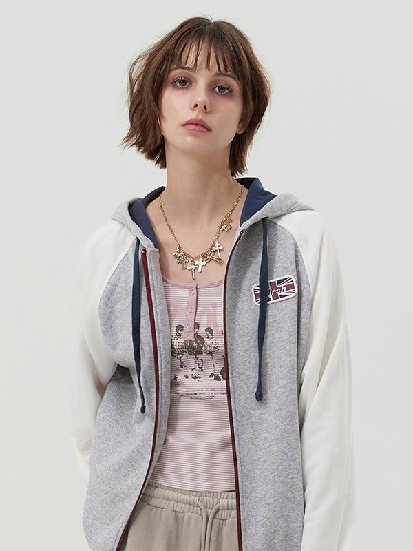 カラーブロックラグランフーディジップ アップ【メランジグレー】