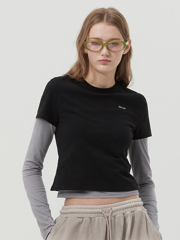 ストライプレイヤード2パックTシャツ【ネイビー】
