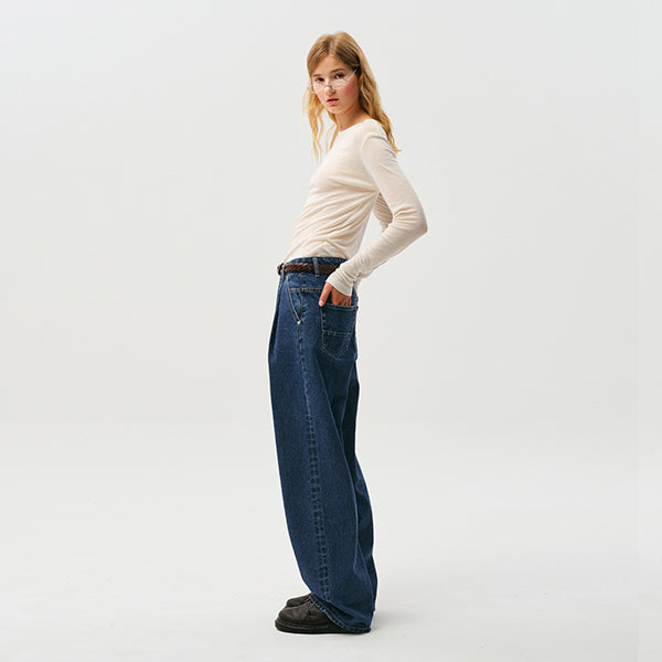 UNI デイリーピンタックデニムパンツ【ブルー】