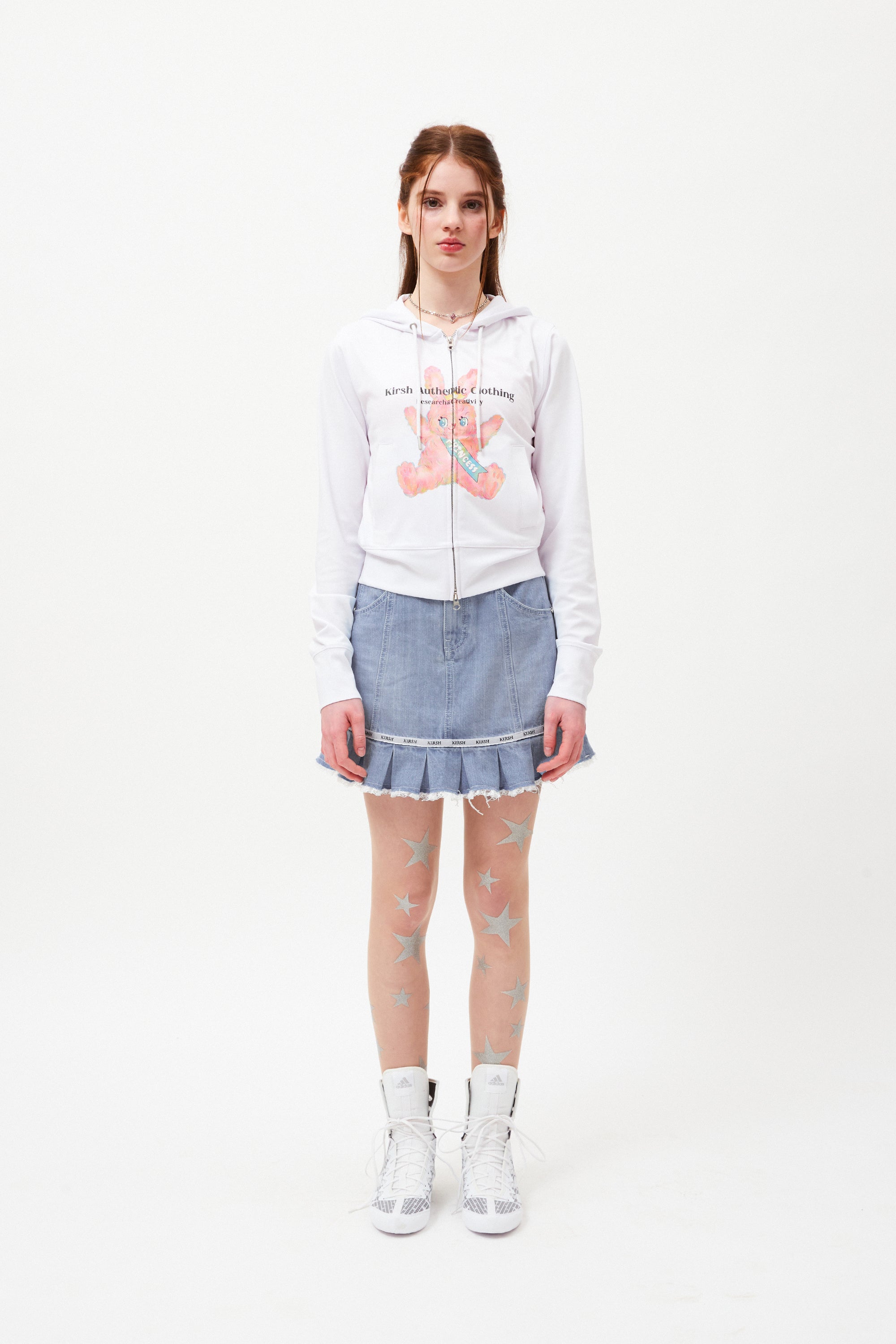 WITTY BUNNY SPLIT GRAPHIC CROP HOODIE ZIP UP【WHITE】