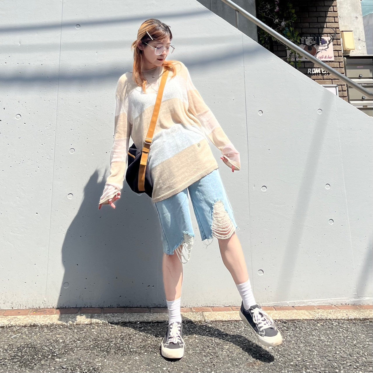 シースルーブロックロングスリーブニット【ベージュ】