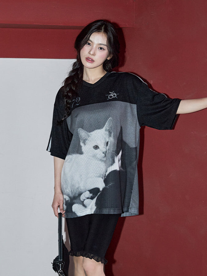 オールオーバープリントルーズフィットメッシュTシャツ【ブルー】