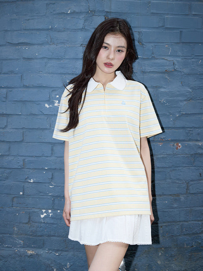 ハーフネックストライプルーズフィットポロTシャツ【ブラック】