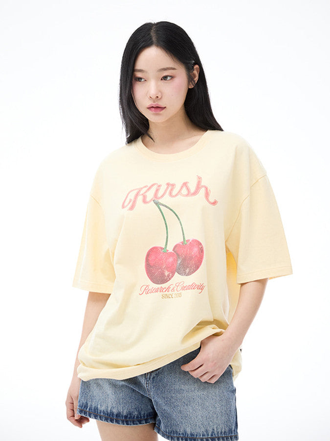 チェリーグラフィックルーズフィットTシャツ【イエロー】