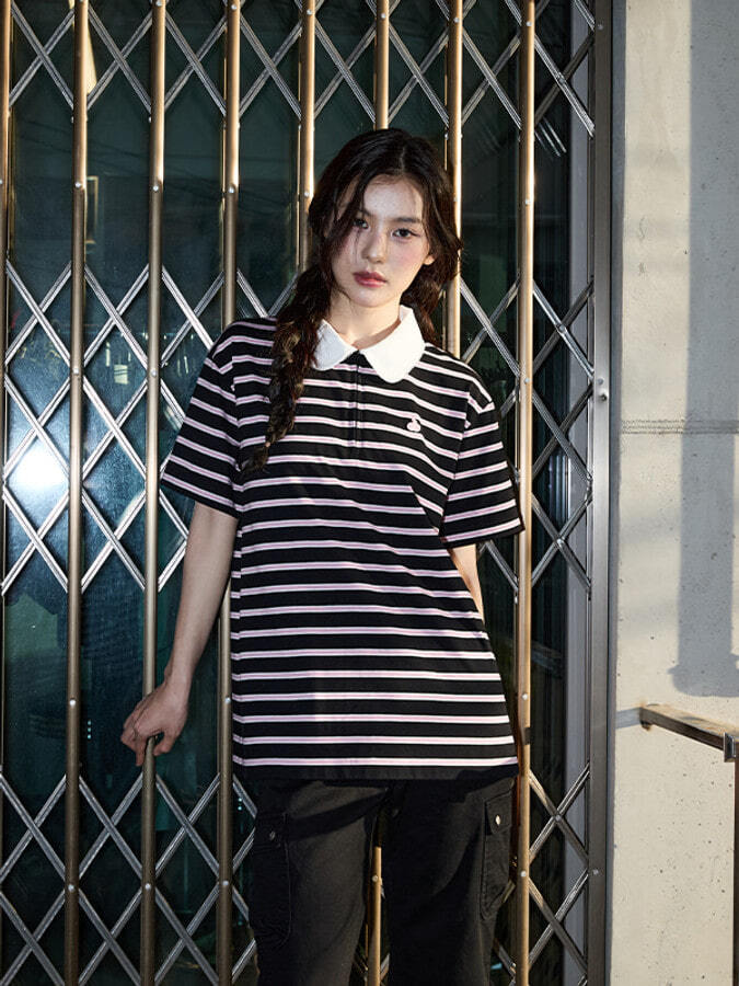ハーフネックストライプルーズフィットポロTシャツ【ブラック】