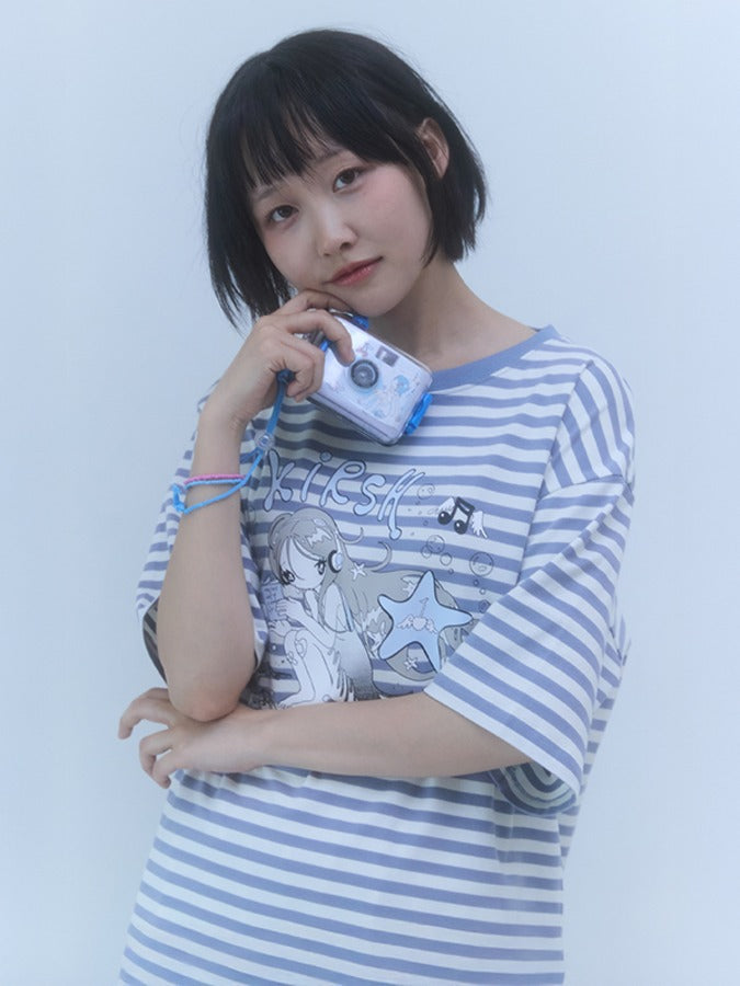 KIRSH X SUNONEBIRD STRIPE LOOSE FIT T-SHIRT 2色★Tシャツ KIRSH X SUNONEBIRD ストライプルーズフィットTシャツ【ブラック】