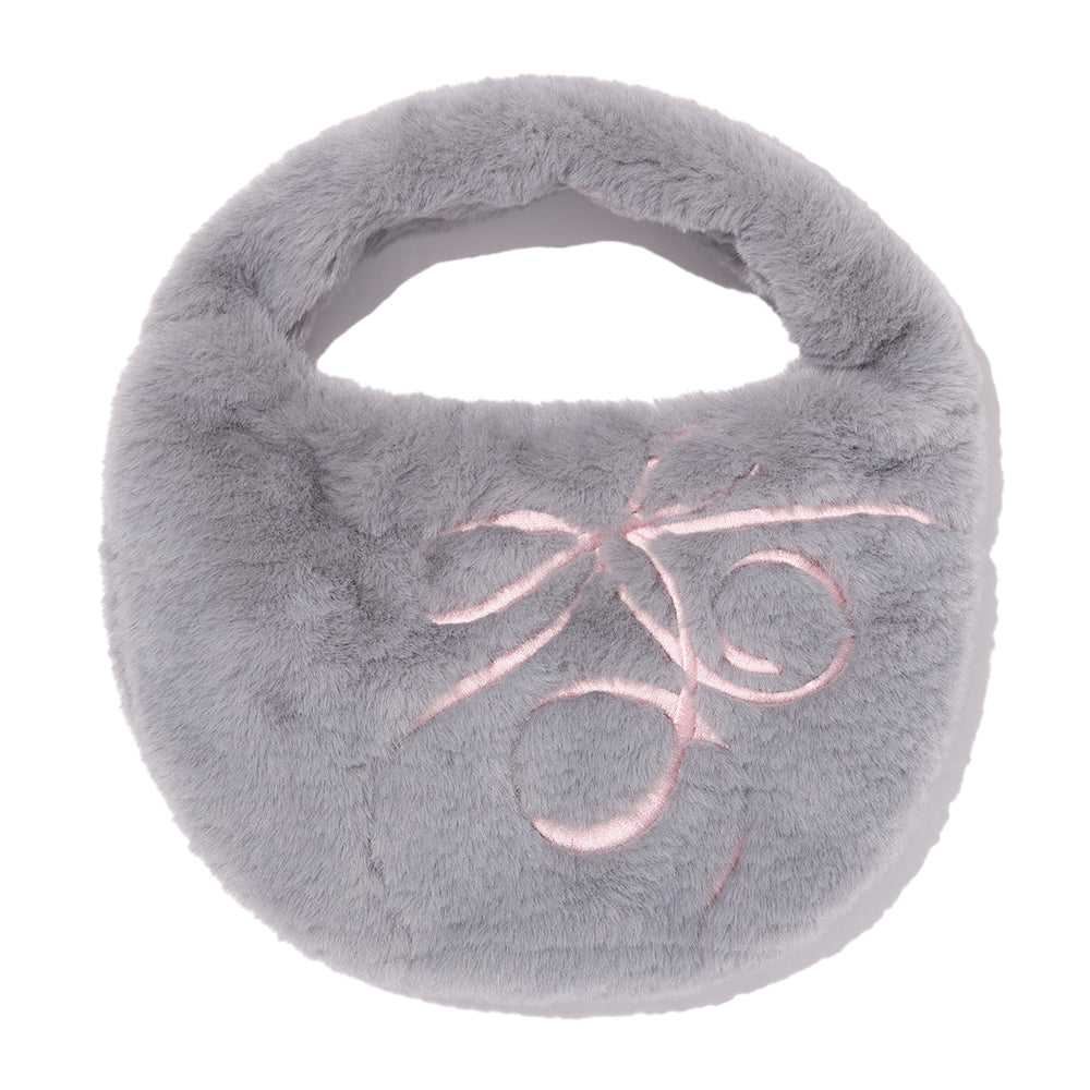 リボンエンブロイダリーヘアリーミニショルダーバッグ【アイボリー】