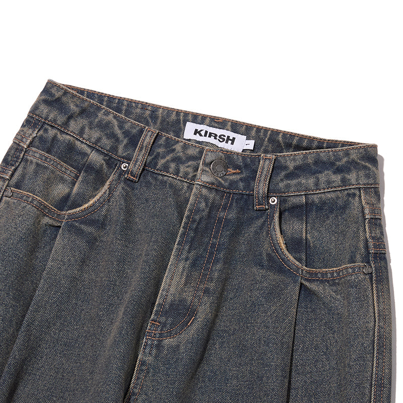 ワイドフィットピンタックナッピングデニムパンツ【ブラック】