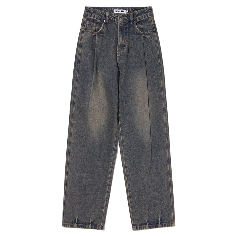 ワイドフィットピンタックナッピングデニムパンツ【ダークブルー】