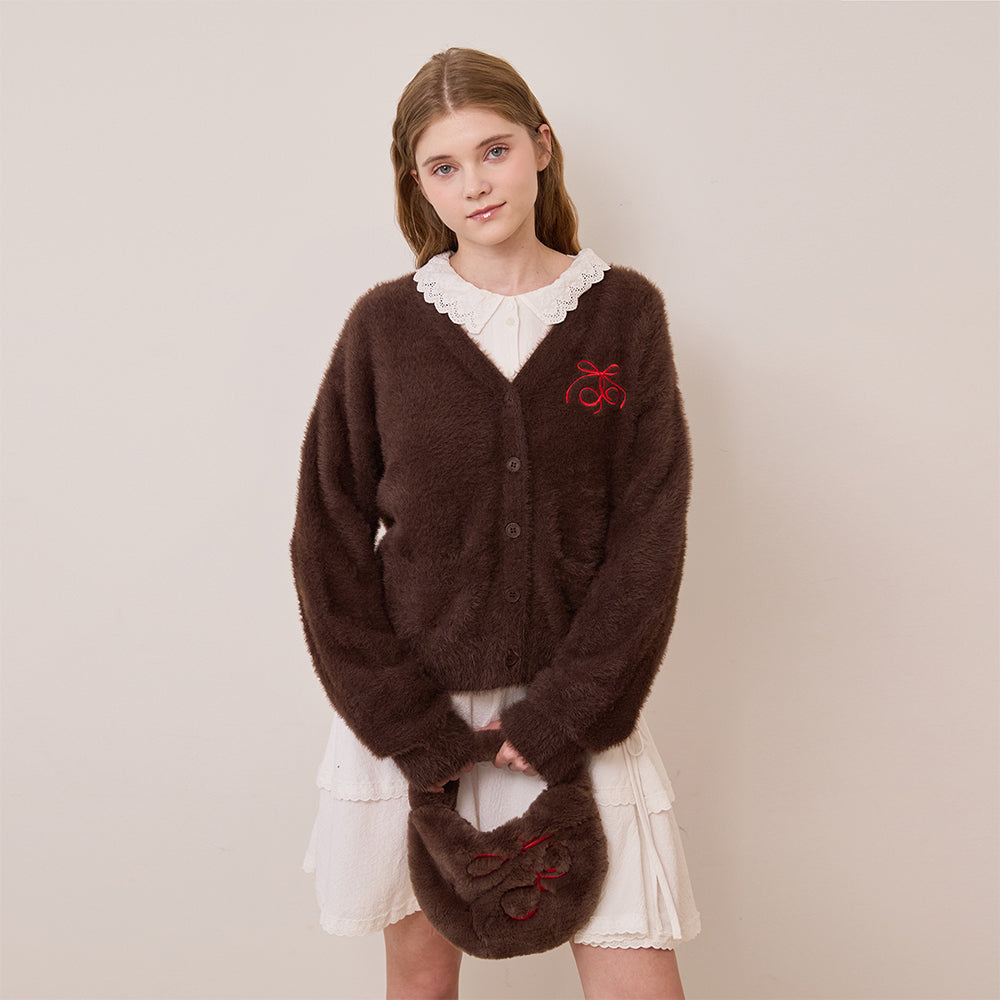 リボンチェリールーズフィットヘアリーカーディガン【ブラウン】