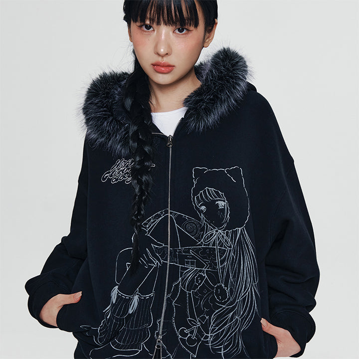 KIRSH X PYITU ファートリミング グラフィック フード付きジップアップ【ブラック】