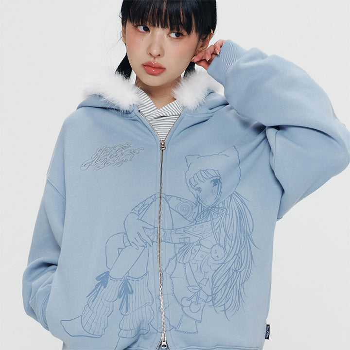 KIRSH X PYITU ファートリミング グラフィック フード付きジップアップ【ブルー】