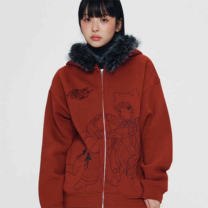 KIRSH X PYITU ファートリミング グラフィック フード付きジップアップ【レッド】