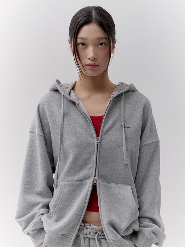 チェリーグラフィックルーズフィットジップアップフーディ【メランジグレー】