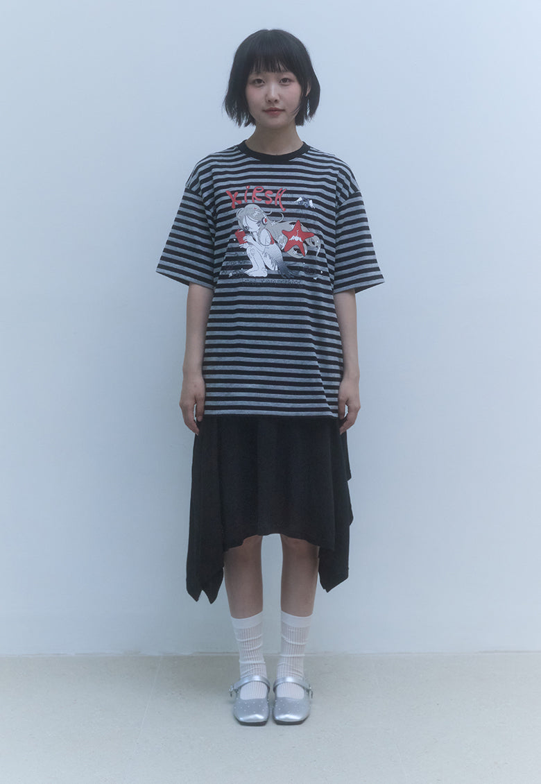 KIRSH X SUNONEBIRD STRIPE LOOSE FIT T-SHIRT 2色★Tシャツ KIRSH X SUNONEBIRD ストライプルーズフィットTシャツ【ブラック】